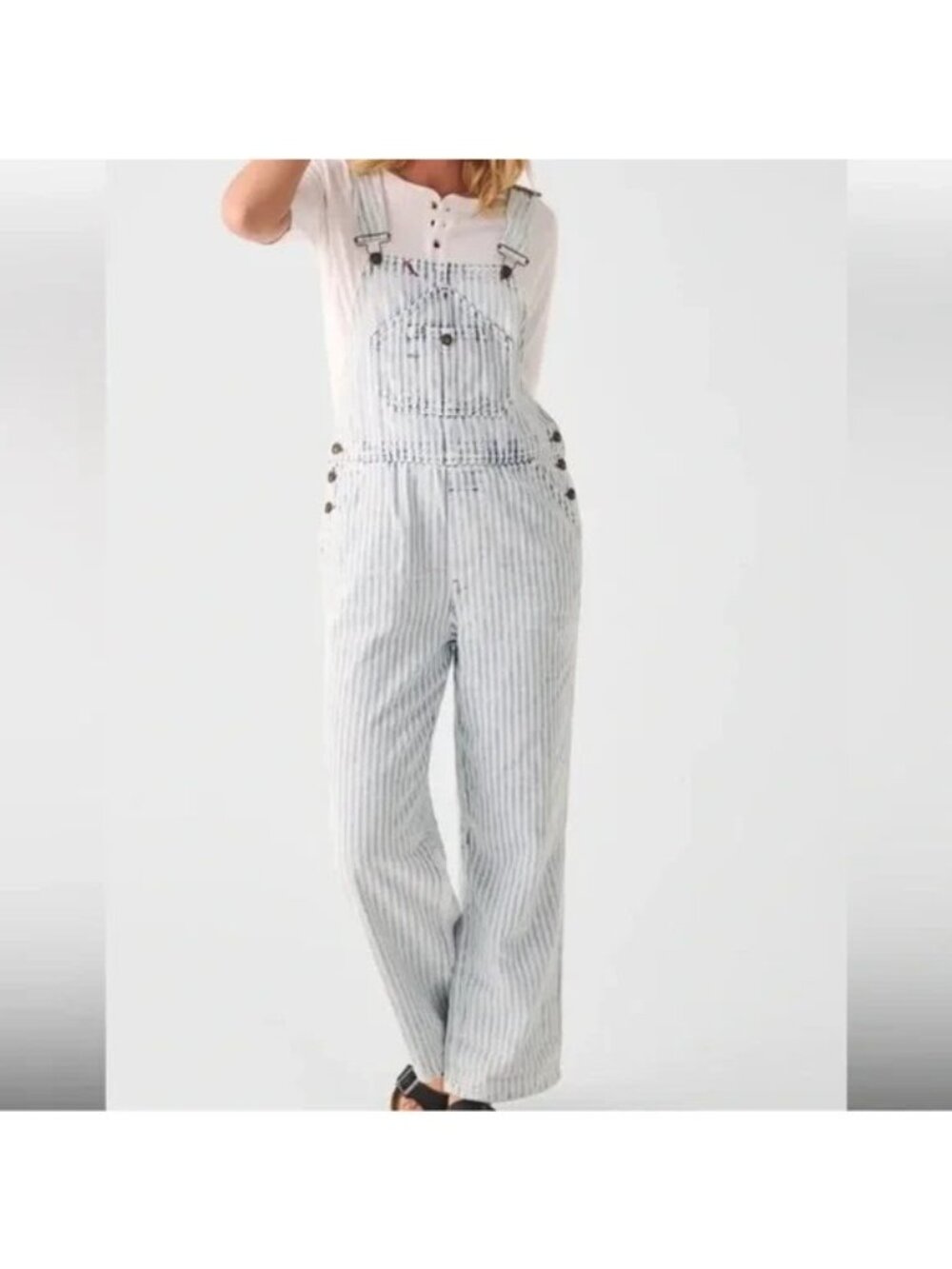 Faherty‎ Overalls M Topsail Railroad Stripe Mechanic Faded Light Wash Denim Jean